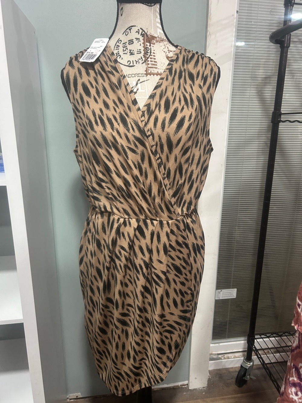 Sleeveless Faux-Wrap Leopard Print Dress in Tan and Black